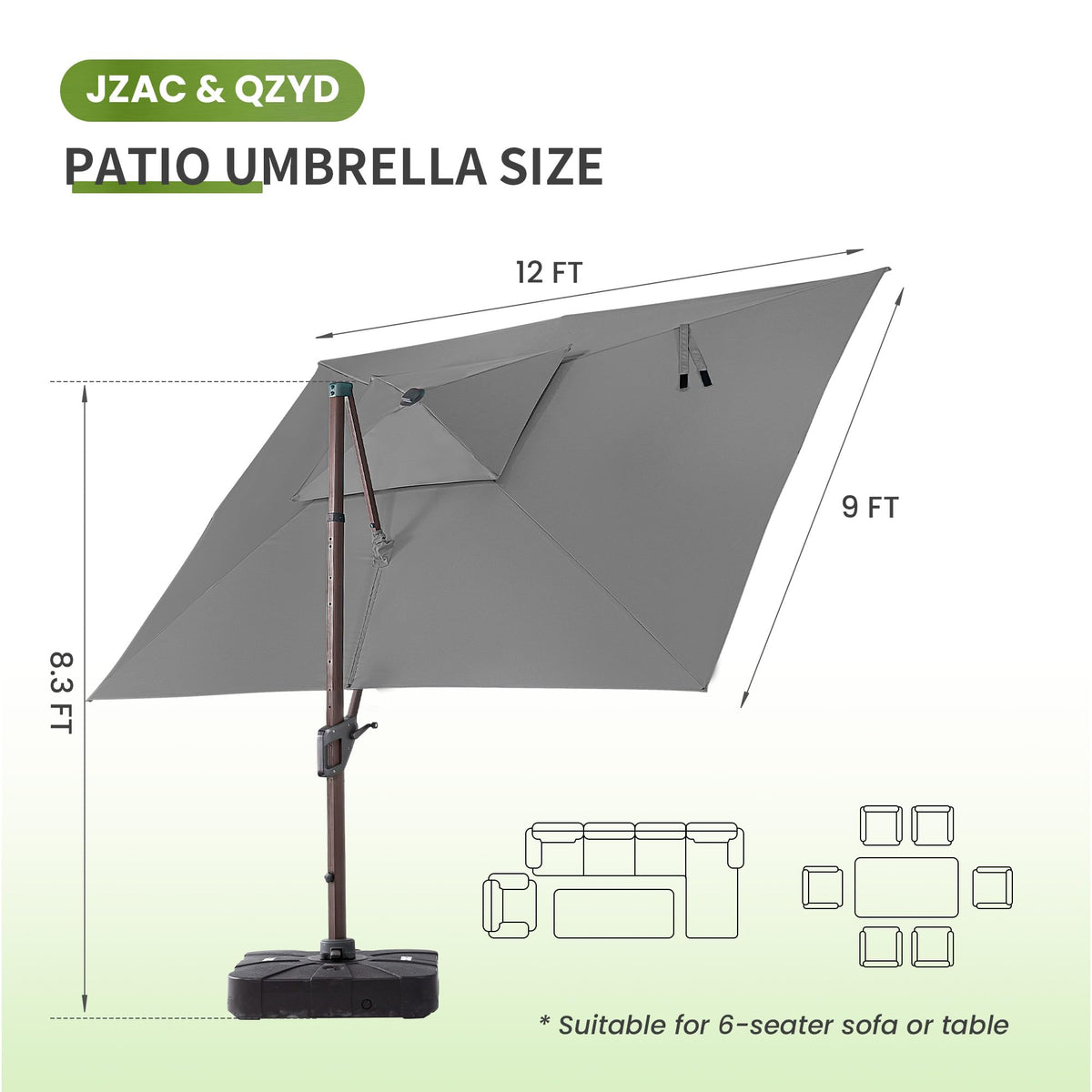 9x12 FT Cantilever Offset Patio Umbrella with Lights & Base (Grey)