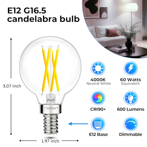 E12 Candelabra G16.5 Globe LED Bulb (12 Pack / 60w Neutral White)