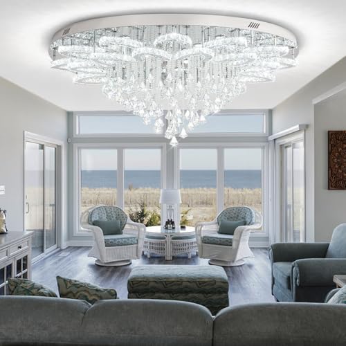 48in Large Crystal Chandelier for Living Room Modern Crystal Raindrop Chandelier Flush Mount Chandeliers for Foyer Dining Room Hallway Dimmable 2700K (Silver / W:48inches)