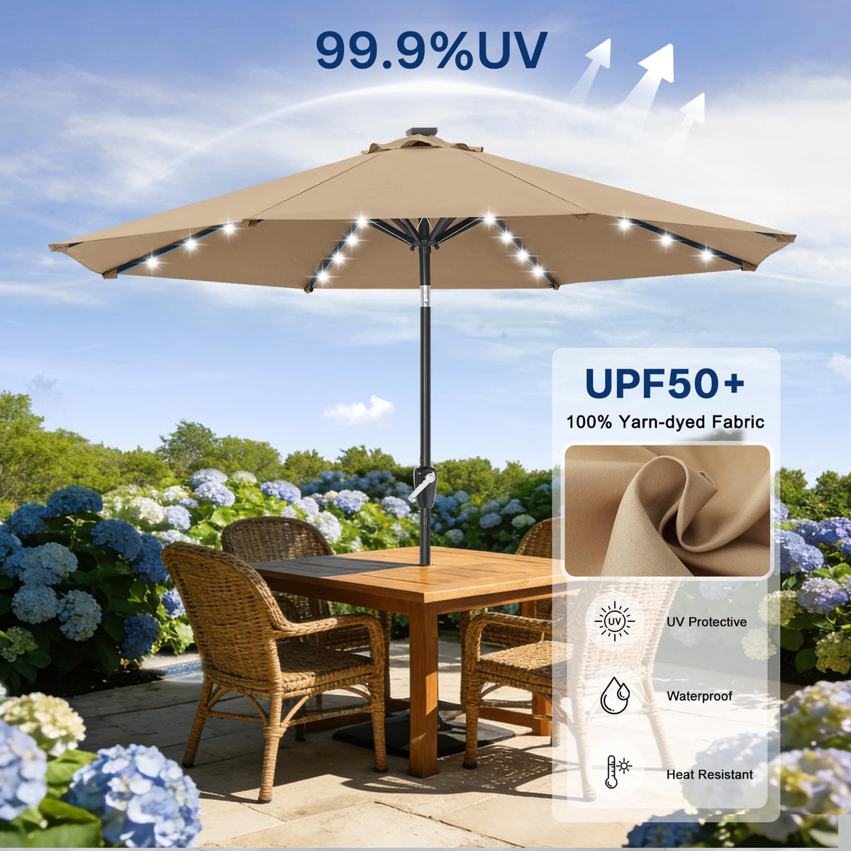 Solar Led Patio Umbrella with 32 Lights 11FT (LED Umbrella / 11ft / khaki)