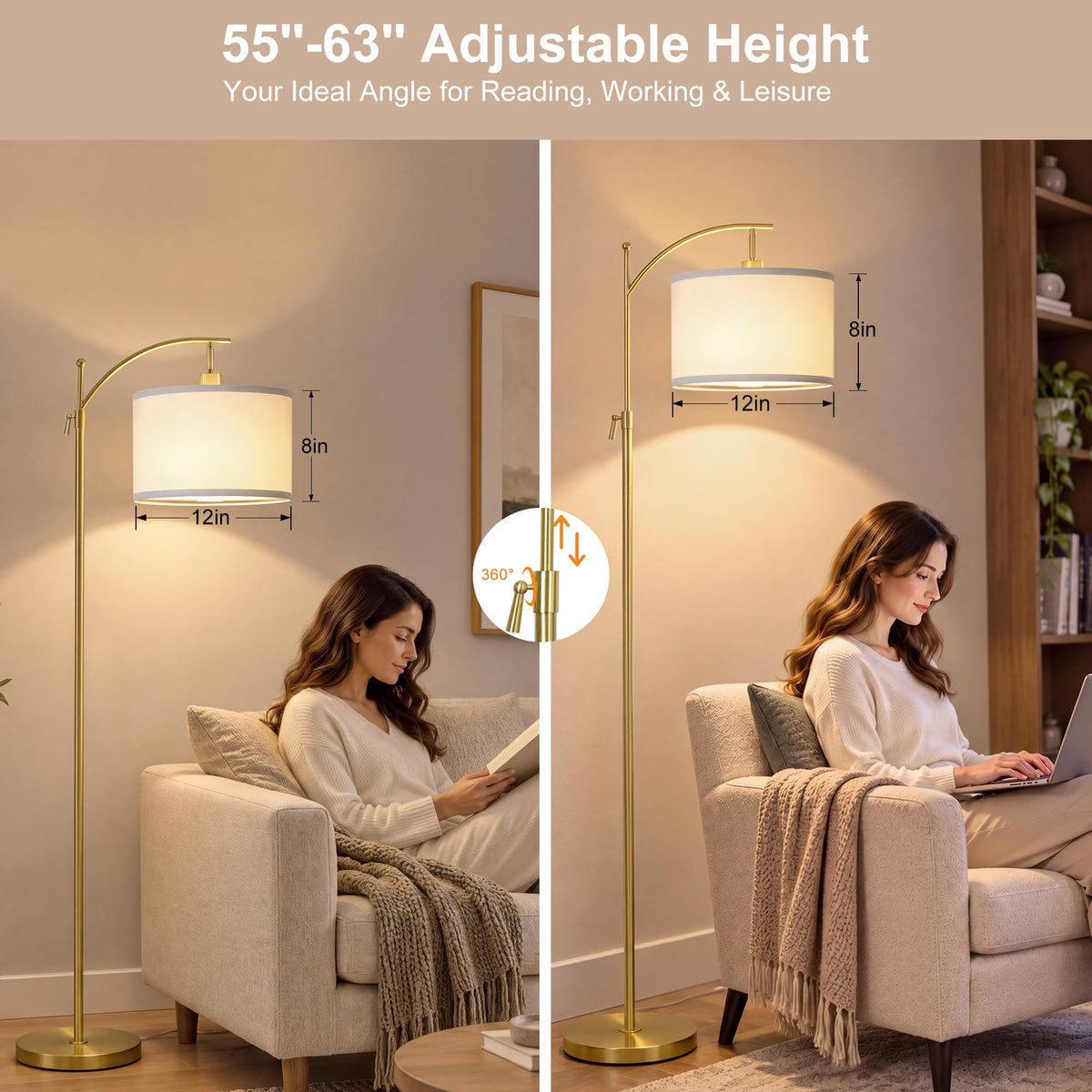 Upgraded Gold Arc Floor Lamp Adjustable Height 55 (Gold+White Shade-Arc)