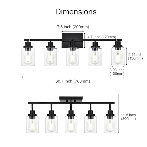 5 Light Track Lighting Kit Black Track Lighting Fixtures Bathroom Wall Sconces Ceiling Mount Kitchen Tracking Lights (Black / 5-Light)