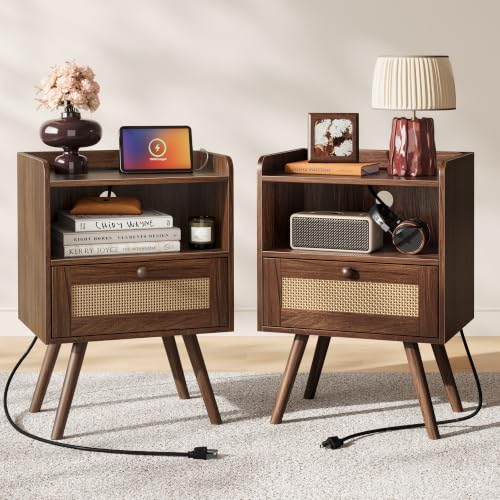 Nightstand with Charging Station & Rattan