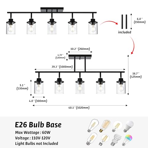 5 Light Adjustable Track Lighting Kit in Matte Black Semi Flush Mount Ceiling Light with 5 Rotatable Light Heads Modern Vanity Lights for Bathroom (Black / 5-Light)