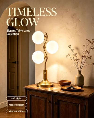 Globe Gold Table Lamp for Bedroom Gift Dimmable G9 3 Bulbs Included (01-Gold-Globe-3-S)