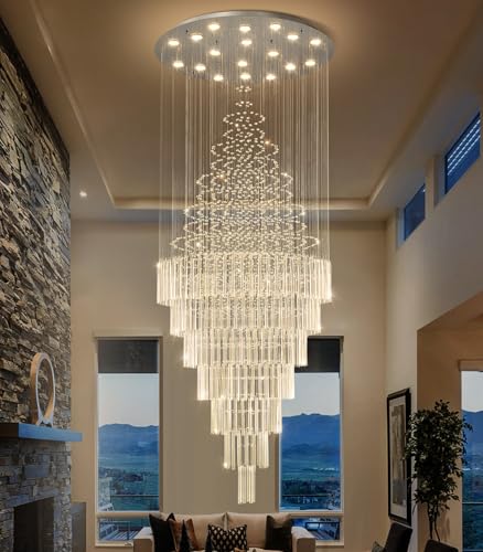 W40 x H120 Glam Chandelier with LED Bulbs Crystal Raindrop High Ceiling Pendant Light for Entrance Large Villa Chandelier Foyer Lighting Fixtures Silver (Silver / Round W40" X H118")