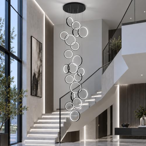 Modern 20 Ring Black LED Chandelier for High Ceilings (Black/20-Lights(circle,dimmable))