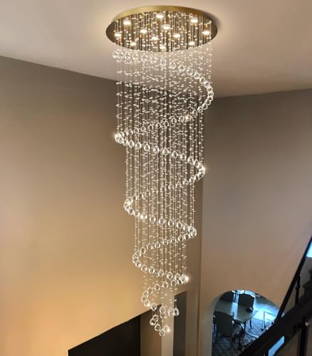 118 Inches Crystal Glam Chandelier Long Light Chandeliers with Dimmable Light Bulbs Gold High Ceiling Pendants Light Fixtures for Foyer Entryway Living Room Stair (Gold / Spiral W32" X H118")