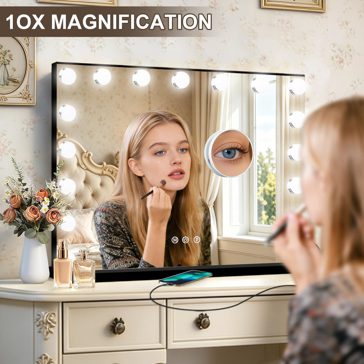 Black Hollywood Vanity Mirror with Lights (Black / 28"L x 20"W)