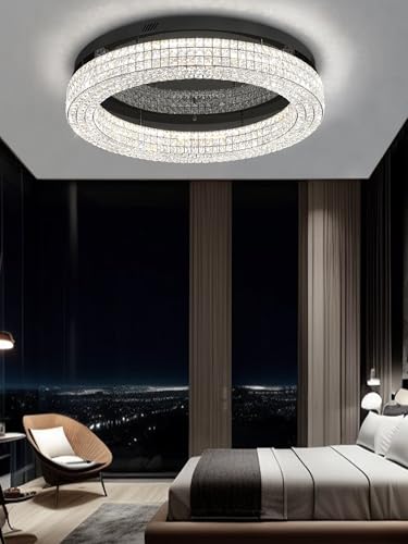 32'' Modern Chandeliers for Living Room Crystal Chandelier Flush Mount Ceiling Light Fixture for Dining Room Living Room Bedroom Dimmable 2700 (Black / Dia 32inch)
