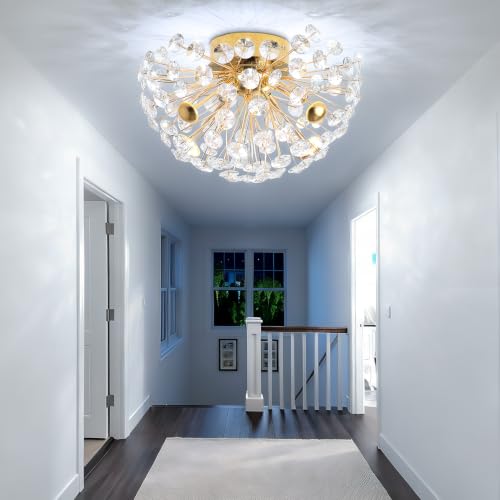Crystal Dandelion Chandelier LED Small Chandelier for Bedroom Kitchen Island Hallway Entryway Crystal Sputnik Firework Close to Ceiling Light (Gold Ceiling / Dia 12inches)