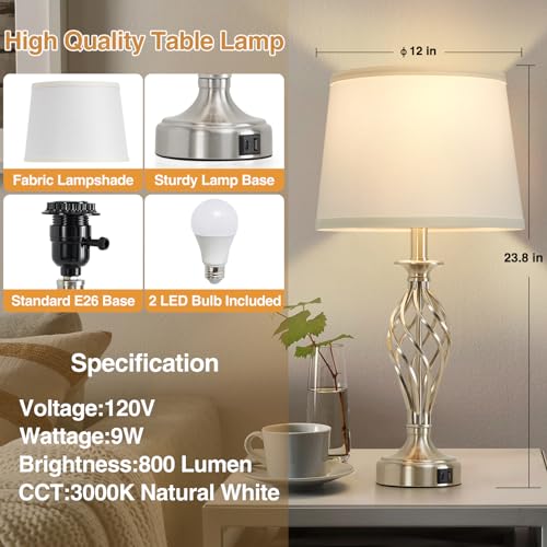 Table Lamp for Bedroom Set of 2 with USB C+A Ports (Silver Base + White Lampshade)