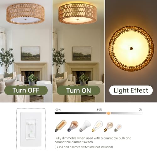 17.7" Rattan Ceiling Light Large Flush Mount Ceiling Light Brown (Brown / 17.7")