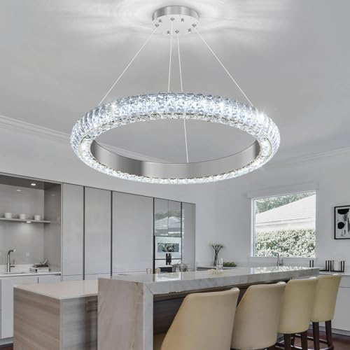 24" Ring Modern LED Dimmable Crystal Chandelier Adjustable Height Pendant Light Round Crystal Chandelier Light Fixtures for Dining Room Living Room Kitchen Island Silver (Silver / 1 Ring Round 24")