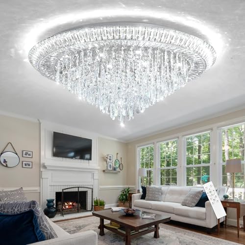 Modern LED Crystal Chandelier for Living Room Dimmable Large Ceiling Light Fixture Round Raindrop Chandeliers for Dining Room Entryway Bedroom Foyer Silver (Silver / W40")