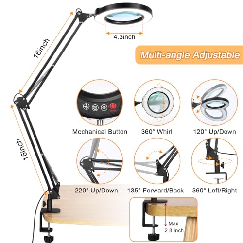 12X Large Magnifying Glass with Light and Clamp (Black / 12X 32inch Clamp)