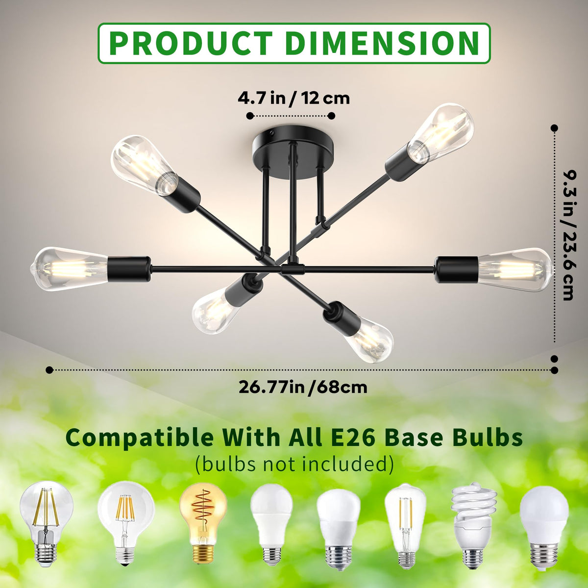 22" Modern Sputnik Chandelier (Matte Black / 6-Light)