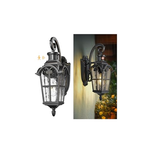 Motion Sensor Outdoor Wall Light (Black & Gold Edges - Water Glass / 18.7 Inch - Motion Sensor)