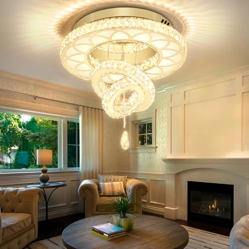 20" Modern Crystal Chandeliers for Living Room Gold Ceiling Chandelier LED Crystal Ceiling Light Flush Mount Chandelier for Bedroom Dining Room Entryway (Gold / W:20inches)