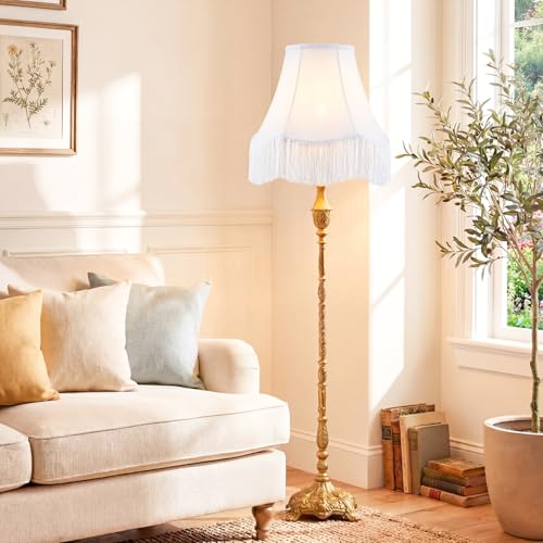 2 Pcs 6 x 13 x 10 Inch Scalloped Lamp Shades with Fringe Trim White Vintage Victorian Bell Lampshades Replacement Fabric Natural Tapered Lampshades Nordic Decor for Wall Sconce Pendant Light (White / 6 x 13 x 10 Inch)