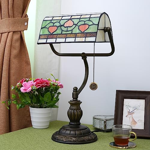 Tiffany Style Heart Bankers Table Lamp Stained Glass Vintage Bedroom Bedside Study Pull Chain Reading Desk Lamps Office Nightstand Aesthetic Antique Green Banker'S Lamp Work Light Desklamp (Red Hearts)