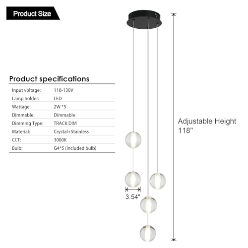 5 Lights Foyer Chandeliers for High Ceilings Raindrop Crystal Ball Chandelier Dimmable LED Entryway Pendant Light Hanging for Dining Room Kitchen Island Hallway (5 Light / Black Canopy)