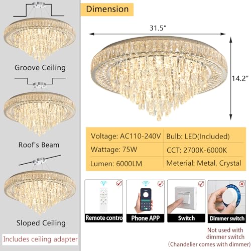 Modern Chandeliers for Living Room Crystal Ceiling Light Fixture LED Dimmable Lamp with Remote Pendant Lighting Flush Mount Ceiling Lighting for Dining Room Bedrooms (Silver / 31.5" Width)