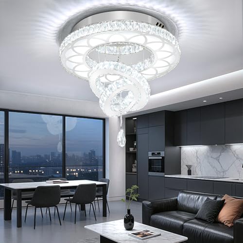 Dia 20" Crystal Chandelier Crystal Silver Ceiling Light Fixtures LED Flush Mount Ceiling Light for Living Room Bedrooms Dining Room Dimmable 2700k 4500k 6000k (Silver / W:20inches)