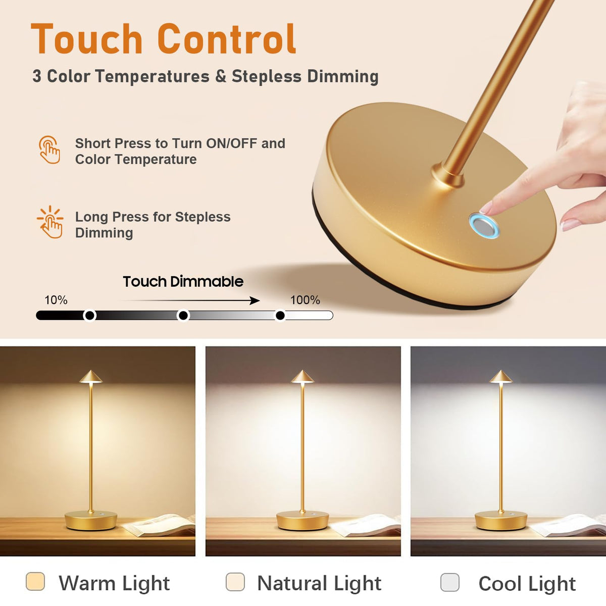 Set of 2 Cordless Rechargeable Led Table Lamp Battery Operated Light Gold (2Pack Gold)