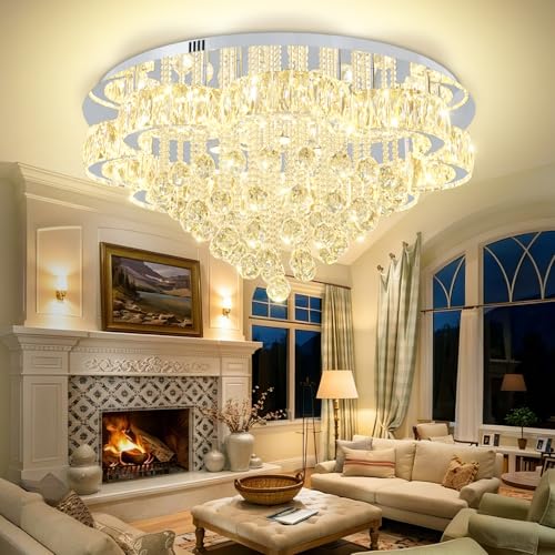 32in Modern Crystal Chandeliers for Living Room LED Crystal Ceiling Light Fixtures Flush Mount Chandelier Ceiling Chandelier for Bedroom Foyer Hallway Dining Room (Silver / 32inch)