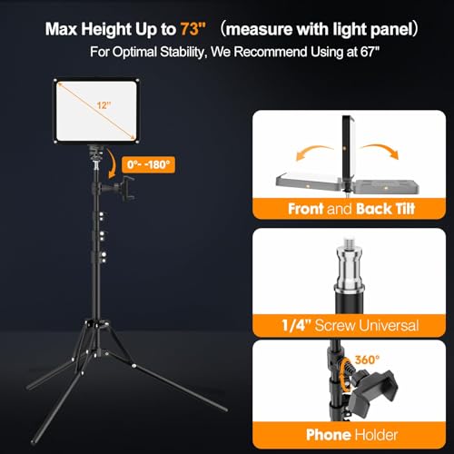 1 Pack LED Video Light Kit with Phone Holder & Barndoor (15W / 29-73inch(1 Pack))