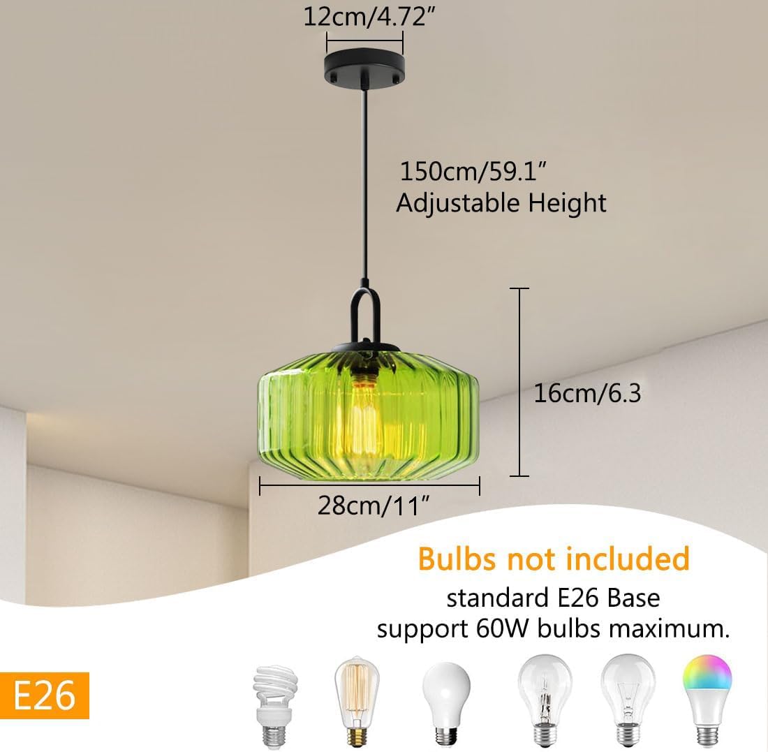 Green Glass Pendant Light Fixture Large Hand Blown Globe Shade (Green-2)