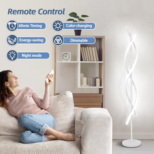 40W Modern Floor Lamp with Remote 60 inch Dimmable Floor Lamp for Bedroom Standing Lamp LED Floor Lamps for Living Room Dining Rooms Home Offices Lighting (White)