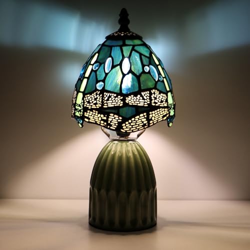 Small Tiffany Mushroom Table Lamp Stained Glass Desk Lamps Ceramic Base Antique Accent Light 6X6X12.5 Inch