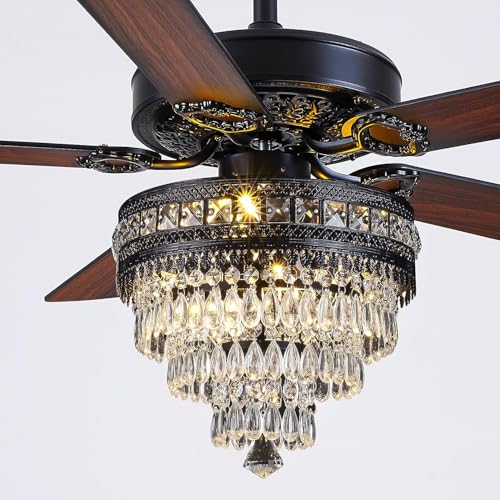 52"Black Crystal Chandelier Ceiling Fans with Lights and Remote Control (Black-52IN)