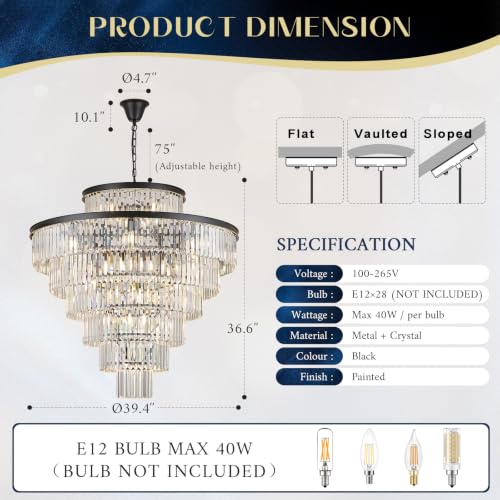 Black Crystal Chandeliers 28 Lights 40" Luxury Round Chandelier (Black / Extra Large-39.4”)