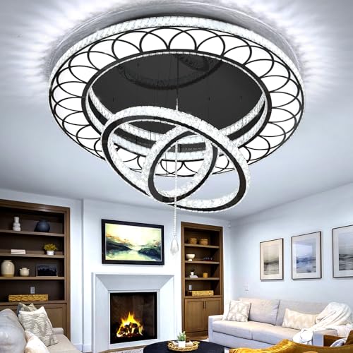 Dia 32" Modern Crystal Chandelier Crystal Black Ceiling Light Fixtures LED Flush Mount Ceiling Light for Living Room Bedrooms Dining Room Dimmable 2700k 4500k 6000k (Black / W:32inches)
