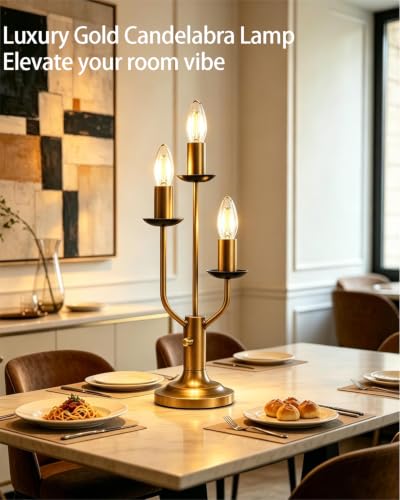 Vintage Candelabra Table Lamp Dimmable Gold Lamp E12 Bulbs Included (20-Gold-Candelabra-3U)