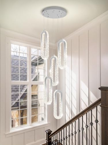 Modern LED Chandelier 5 Ring LED Pendant Light Adjustable Height Hanging Chandelier for Staircase Foyer (Silver / 5 Rings (New))