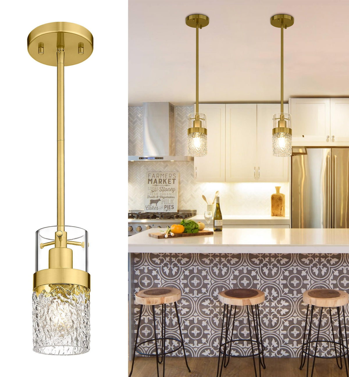 Gold Pendant Light (Gold -Hammered Glass / 3.5" Hammered Glass, 1-Light)