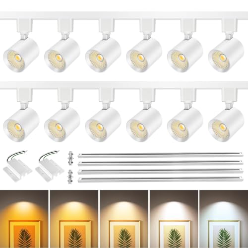 2-Set 5-Color 6-Light LED Track Lighting Kit with 6.6FT H Type Track Lighting Rail, Dimmable Track Lights with Floating Canopy, Ceiling Spot Light Flicker Free, CRI90+, 36° Beam 10W 800lm, White