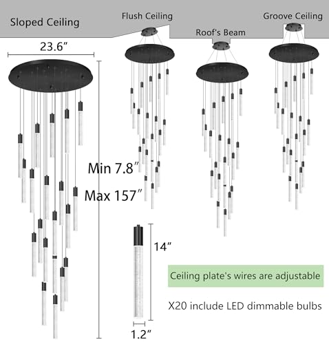 13 Foot High Ceiling Chandelier for Entryway Modern Crystal Lights for Living Room Foyer Flush Mount Sloping Ceiling Pendant Light Fixture Remote Dimmable 20 (20 lights / Black)