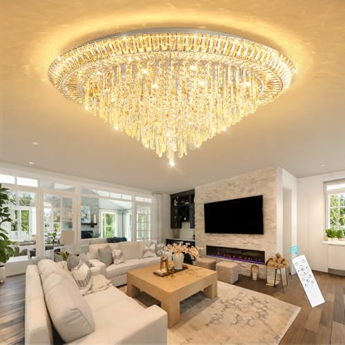 Modern LED Crystal Chandelier for Living Room Dimmable Large Ceiling Light Fixture Round Raindrop Chandeliers for Dining Room Entryway Bedroom Foyer Silver (Silver / W40")