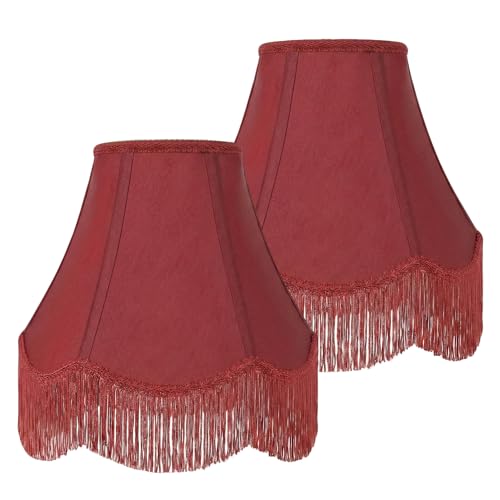 Burgundy Bell Fringe Lamp Shades Set of 2 (Red Tassels — 2 Packs / Medium — 6" x 13" x 10.6")