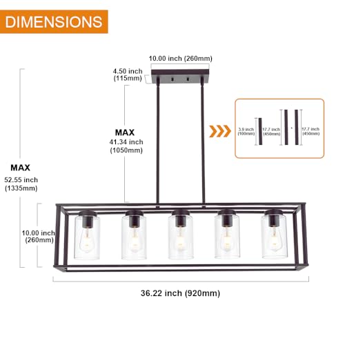 5 Light Kitchen Island Chandeliers Oil Rubbed Bronze Modern Linear Cage Pendant Lighting with Clear Glass Shades Farmhouse Ceiling Light Fixtures Hanging for Dining Room Living Room (Oil-Rubbed Bronze / 5 Light)