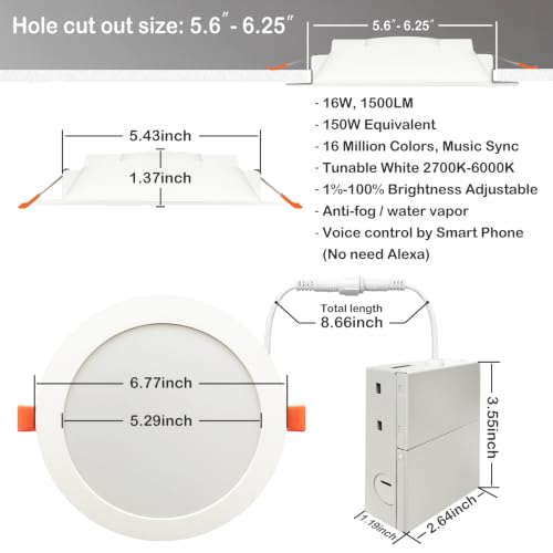 Smart Recessed Lighting 6 Inch Compatible with Alexa & Siri