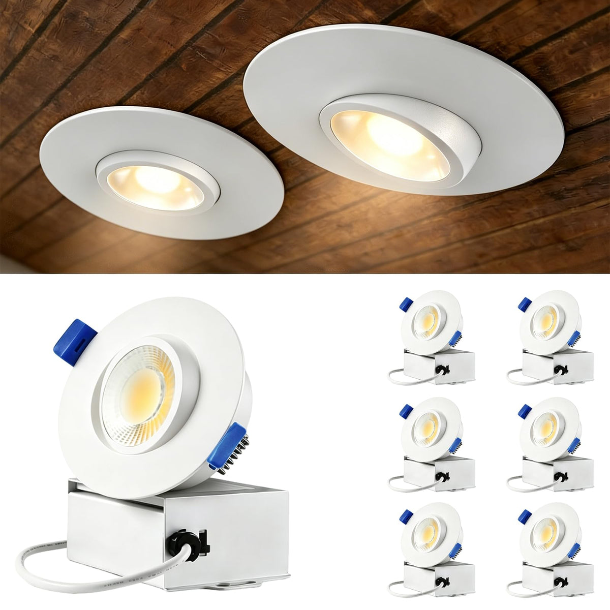 6 Packs 3 Inch Gimbal Led Recessed Light with Junction Box 10w (White 3CCT / 3in 6pack)