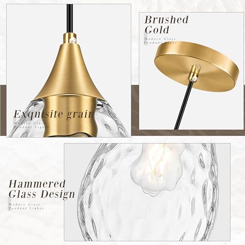 Gold Glass Pendant Lights Kitchen Island 8" Pendant Light Hammered Clear Glass 2 Pack Height Adjustable Modern Hanging Pendant Lights for Dining Room Bedroom Hallway Sink Bulbs Incl (Gold, 2 PK / 8 Inch)