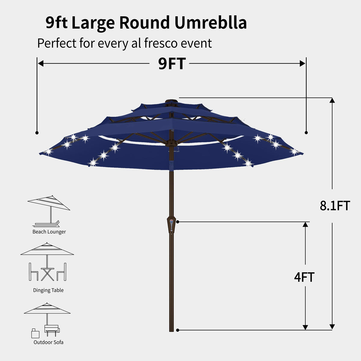 9ft 3 Tier Patio Umbrella with Solar Lights (Navy blue / 9 FT)