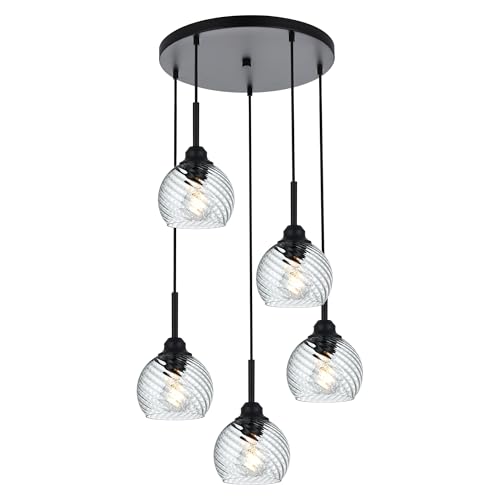 5 Light Cluster Pendant Light with Striped Swirl Globe Glass Black Pendant Lighting for Kitchen Island (Transparent / 5-Light-Round Cluster)